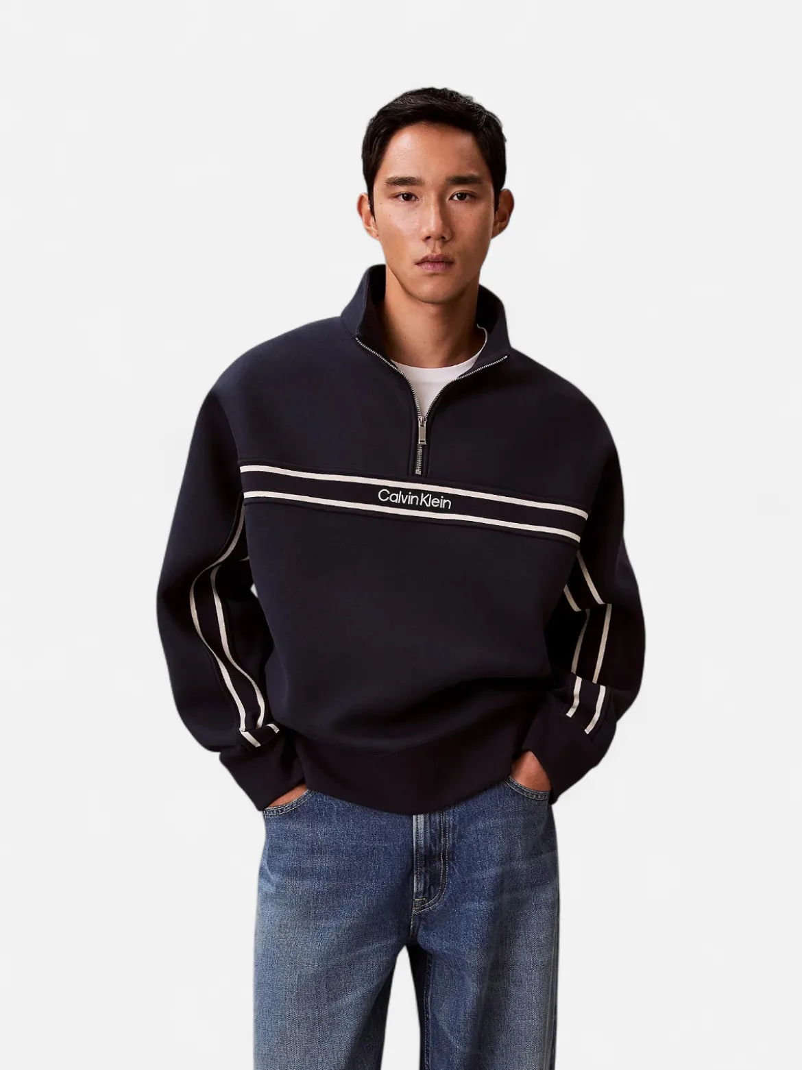 Calvin Klein Jeans miesten collegepaita LS Cotton Spacer Stripe Rib QTR, tummansininen