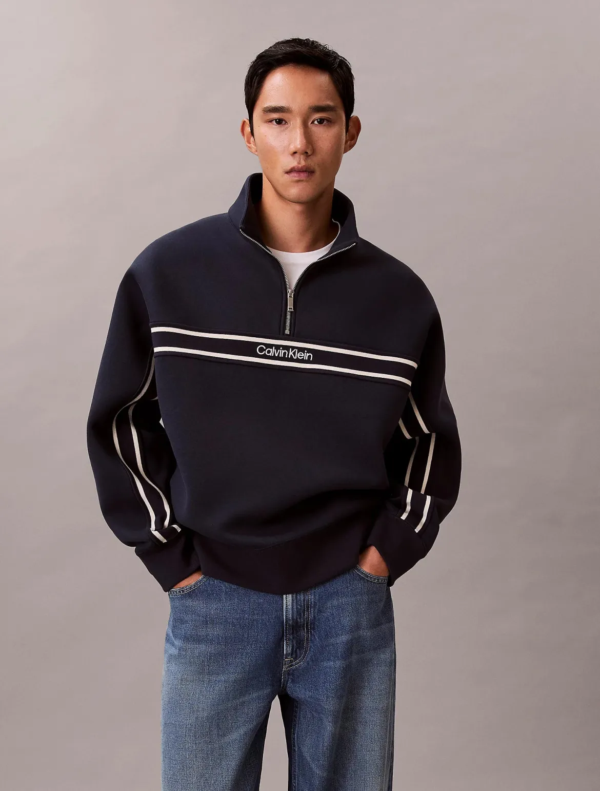 Calvin Klein Jeans miesten collegepaita LS Cotton Spacer Stripe Rib QTR, tummansininen