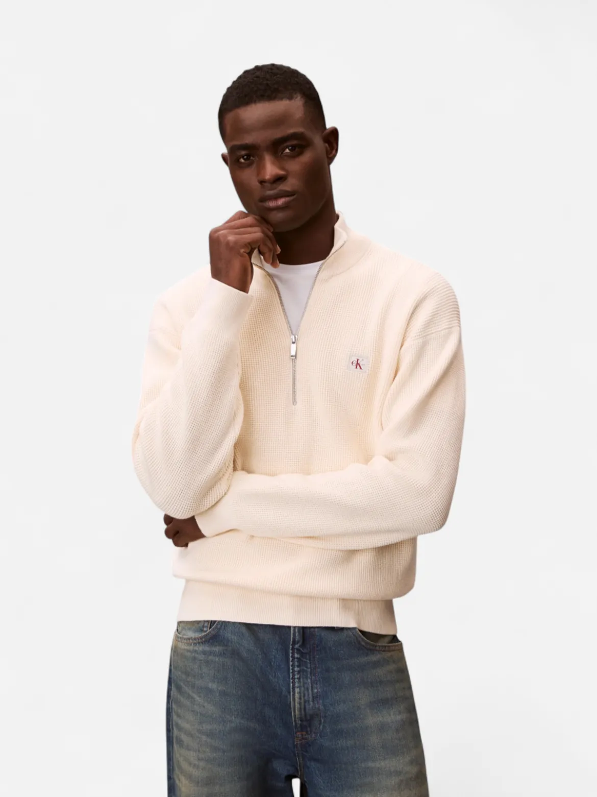 Calvin Klein Jeans miesten collegepaita ELS EZ Cotton Waffle Quarter Zip, kerma