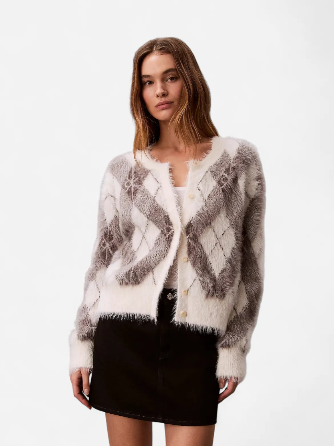 Calvin Klein Jeans naisten neuletakki Fuzzy Novelty Argyle Sweater, harmaa kuosillinen