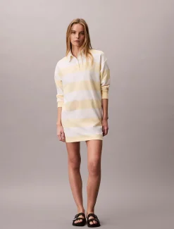Calvin Klein Jeans naisten paitamekko LS Varsity Stripe Mini Polo Dress, raidallinen keltainen