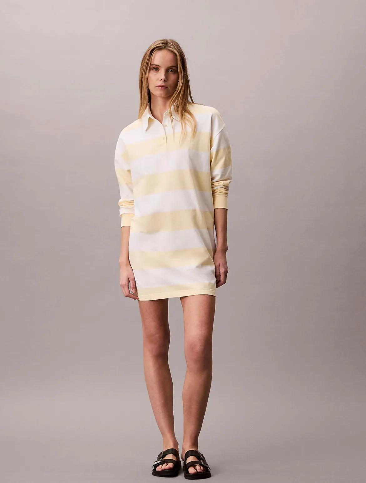 Calvin Klein Jeans naisten paitamekko LS Varsity Stripe Mini Polo Dress, raidallinen keltainen