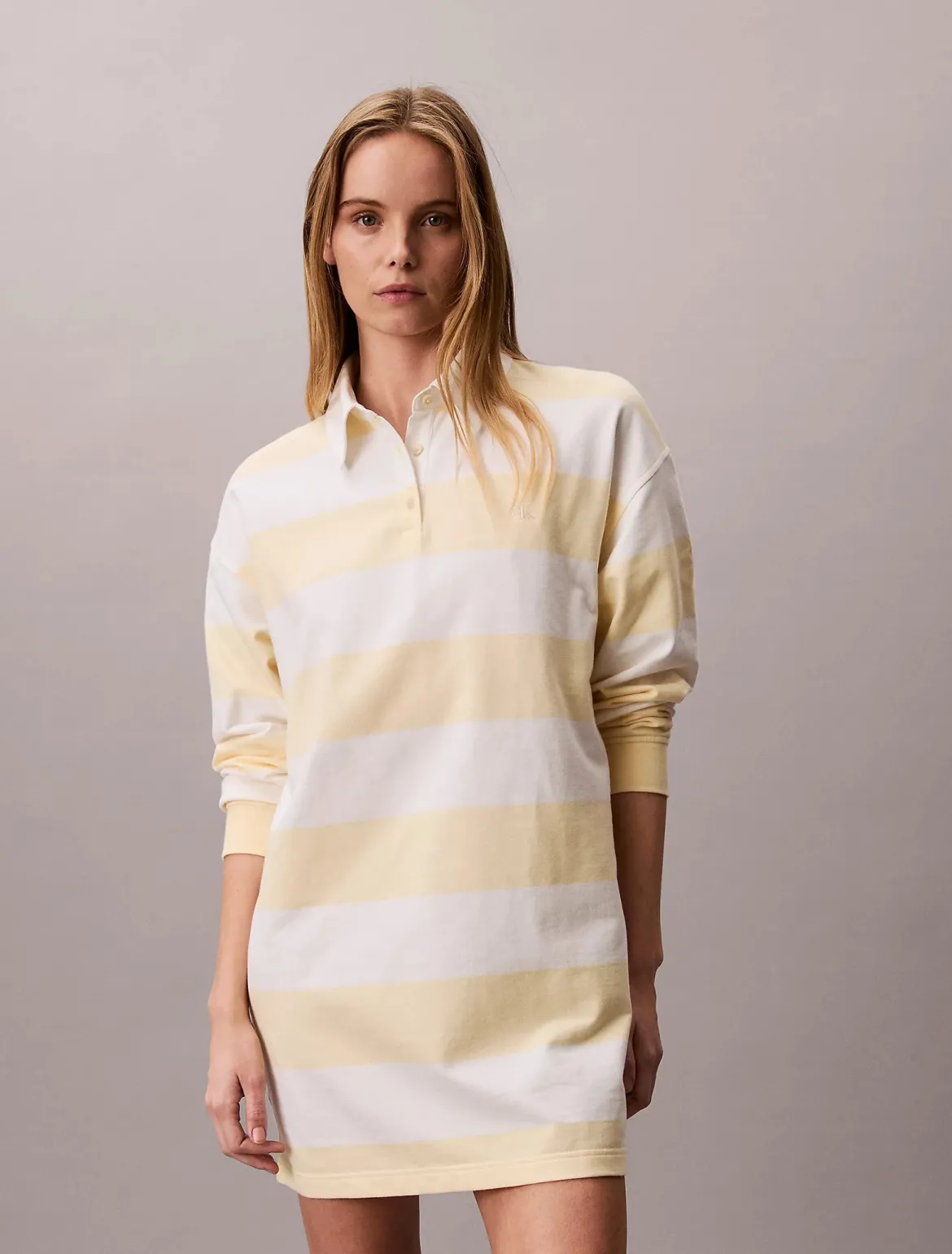 Calvin Klein Jeans naisten paitamekko LS Varsity Stripe Mini Polo Dress, raidallinen keltainen