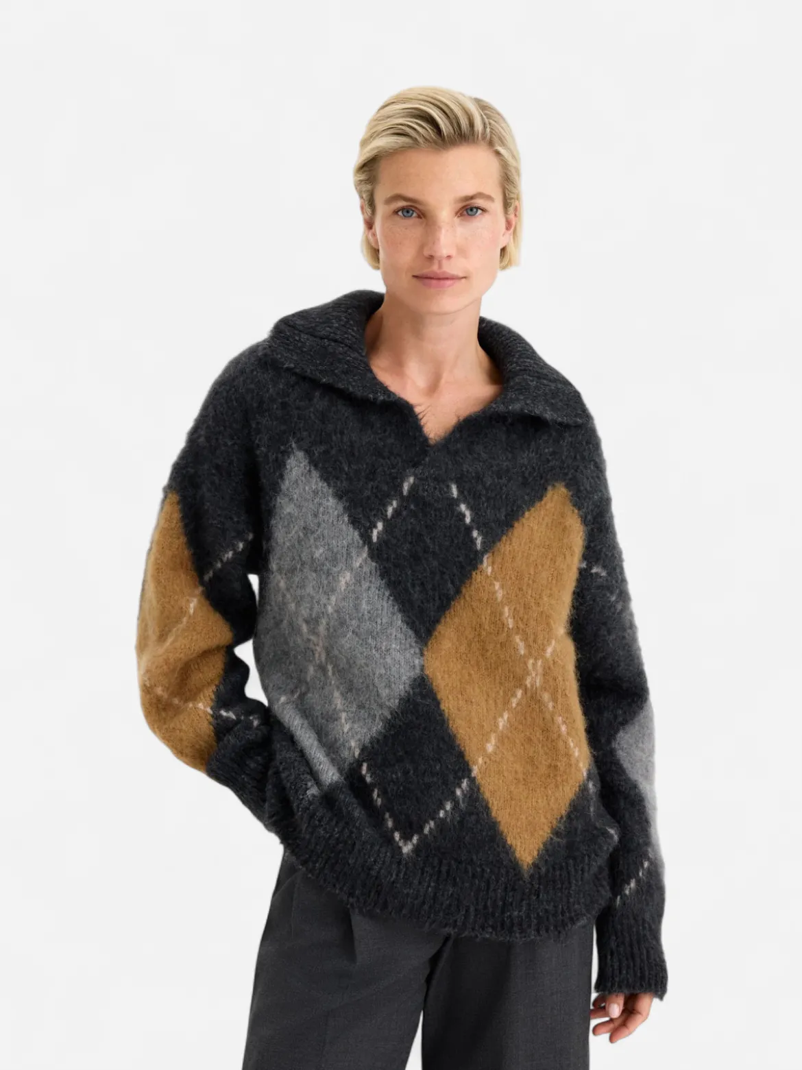 Filippa K naisten neulepusero Alpaca Check Sweater, harmaa kuosillinen
