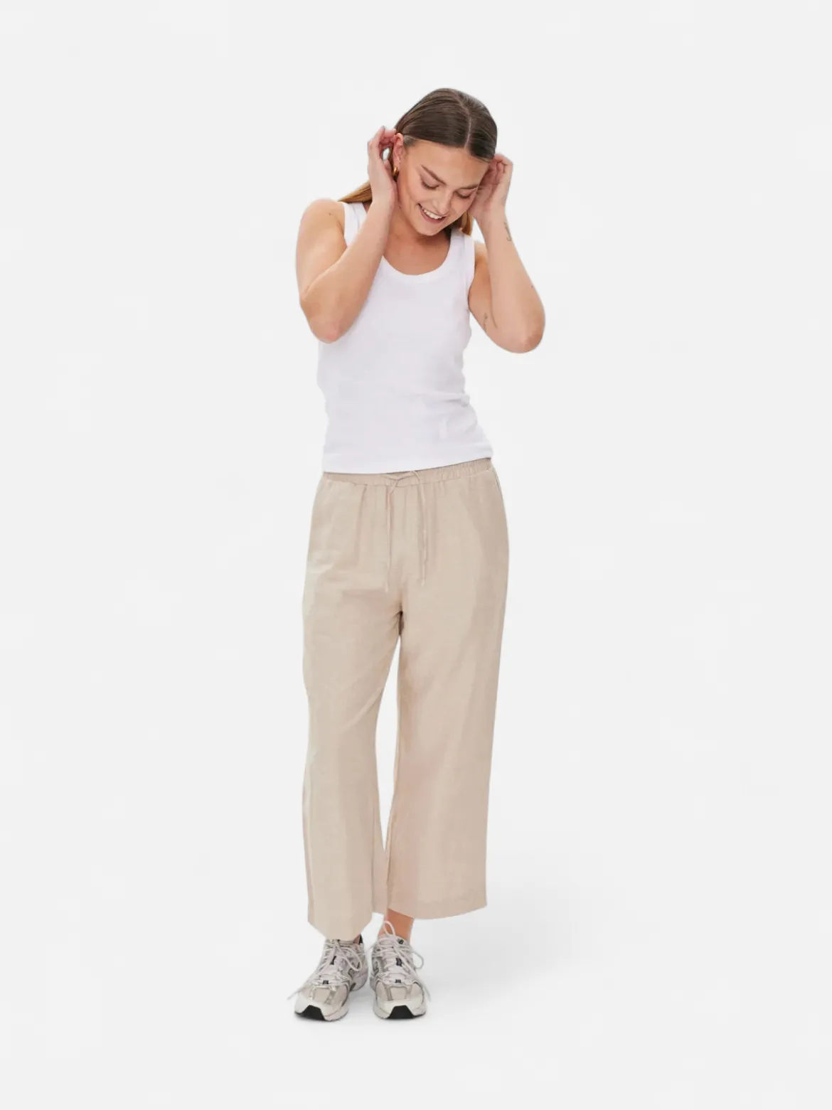 Freequent Naisten housut LA PANT 7/8 LINEN Vaalea Beige