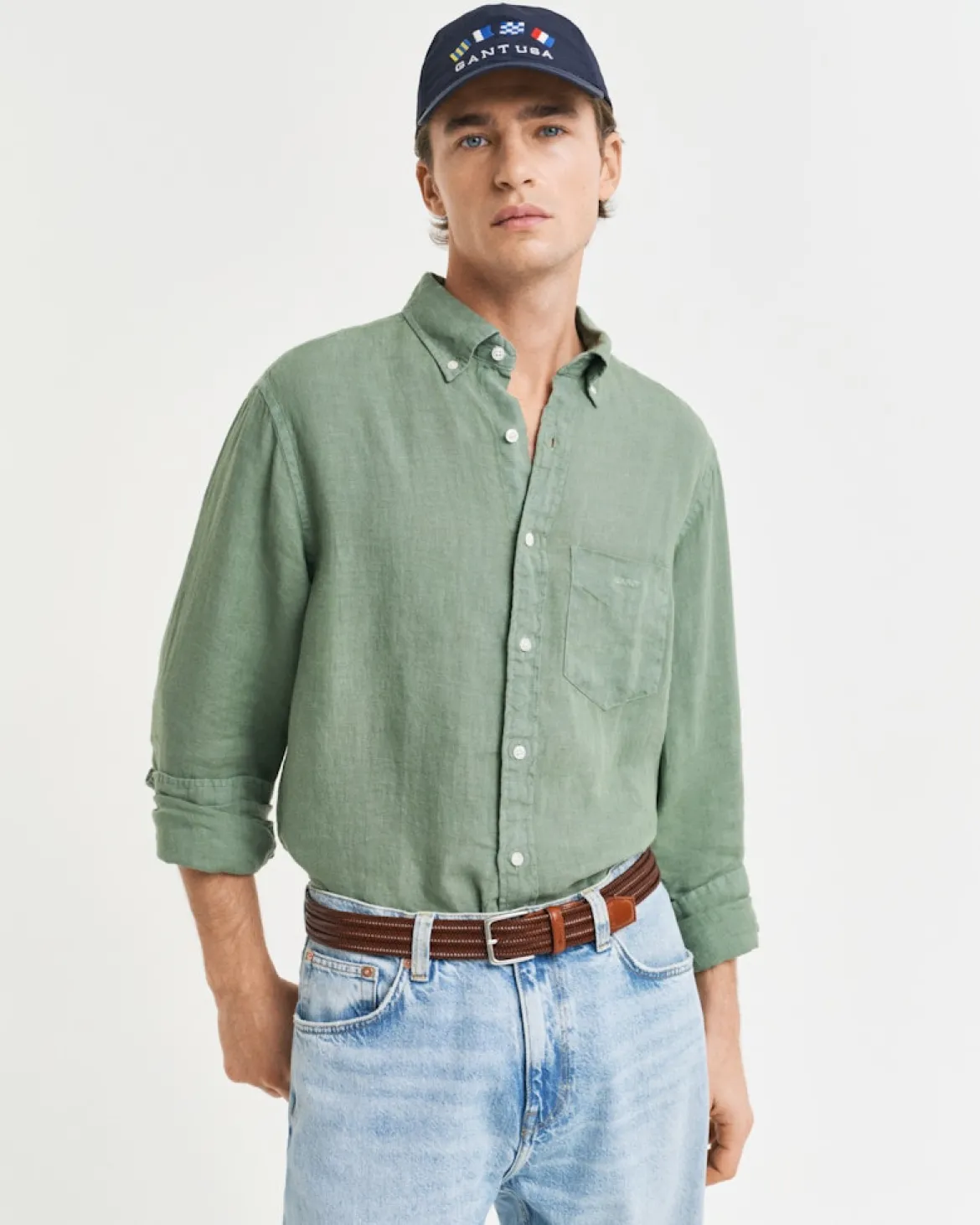 Gant miesten kauluspaita K Reg Garment Dyed Linen Shirt, vihreä