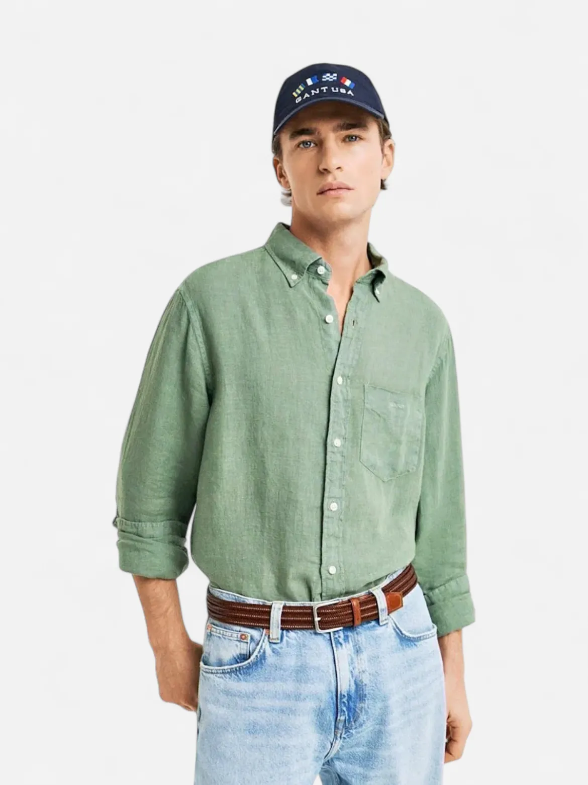Gant miesten kauluspaita K Reg Garment Dyed Linen Shirt, vihreä