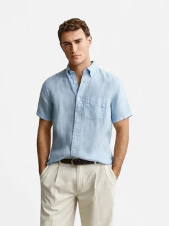 Gant miesten kauluspaita lyhythihainen Garment-Dyed Linen SS Shirt, keskisininen