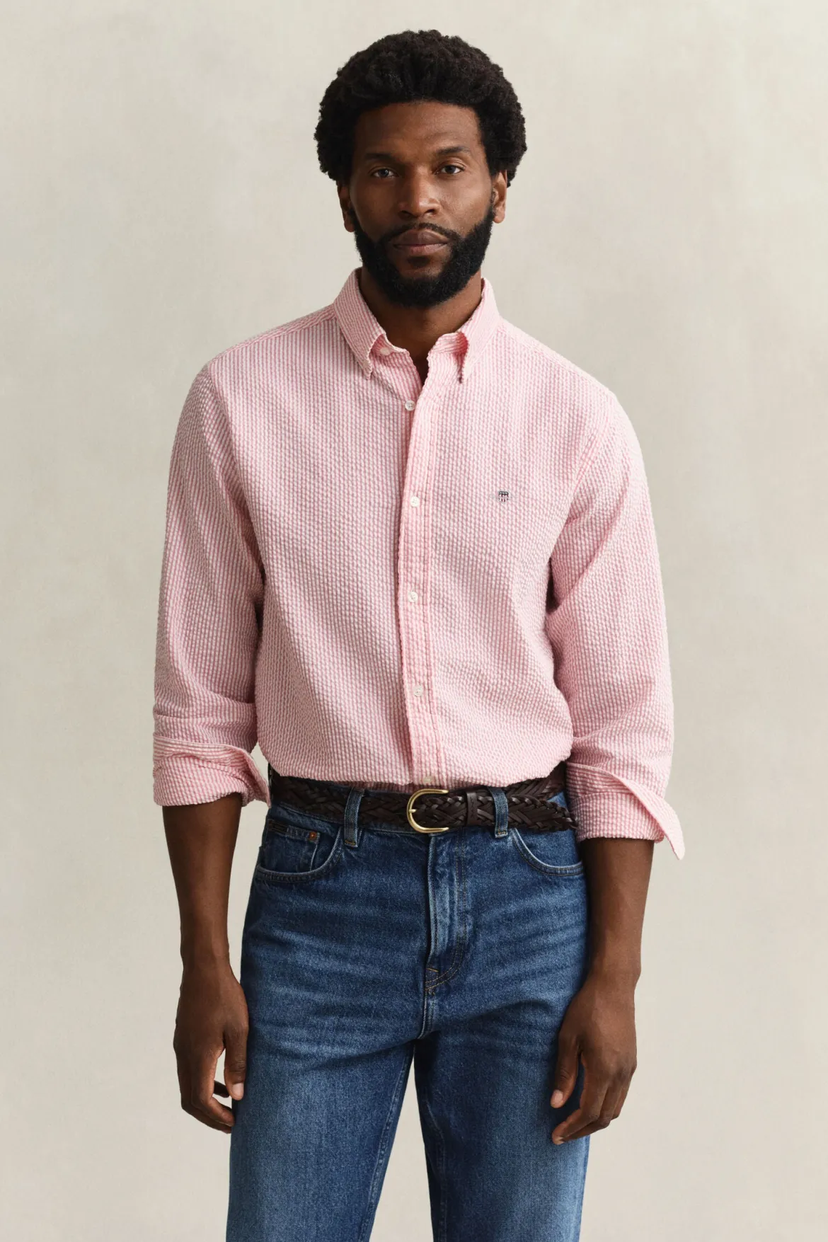 Gant miesten kauluspaita Regular Fit Striped Seersucker Shirt, raidallinen punainen