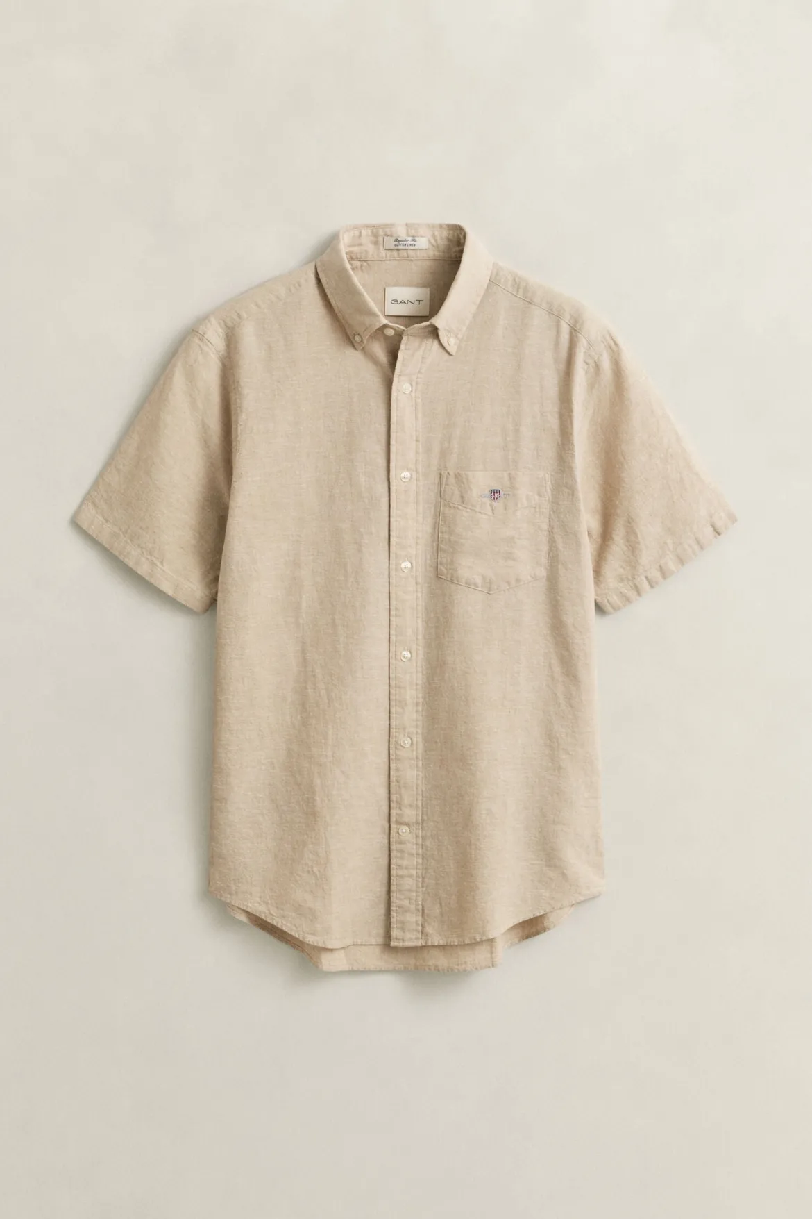 Gant miesten lyhythihainen kauluspaita Regular Cotton Linen Shirt, beige