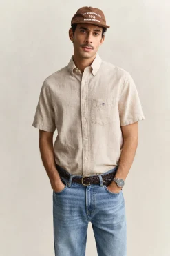 Gant miesten lyhythihainen kauluspaita Regular Cotton Linen Shirt, beige