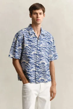Gant miesten lyhythihainen kauluspaita Relaxed Fit Short Sleeve Shirt, sininen kuosi