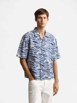Gant miesten lyhythihainen kauluspaita Relaxed Fit Short Sleeve Shirt, sininen kuosi
