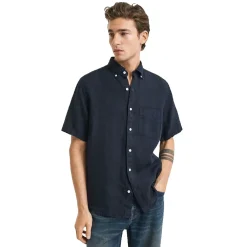 Gant miesten lyhythihainen kauluspaita Reg Linen Shirt, tummansininen