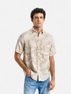 Gant miesten lyhythihainen kauluspaita, REG BOTANICAL LINEN PRINT SS T-SHIRT Ruskea Kuosi