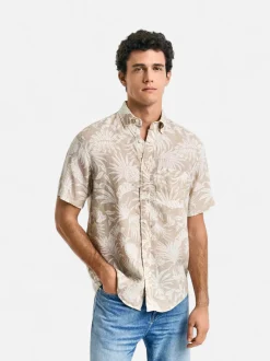 Gant miesten lyhythihainen kauluspaita, REG BOTANICAL LINEN PRINT SS T-SHIRT Ruskea Kuosi