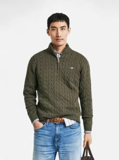 Gant miesten neule, COTTON CABLE HALF ZIP Tummanvihreä