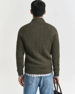 Gant miesten neule, COTTON CABLE HALF ZIP Tummanvihreä