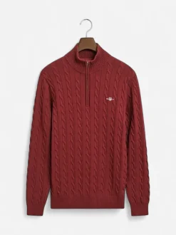 Gant miesten neule, COTTON CABLE HALF ZIP Tumma Luumunpunainen