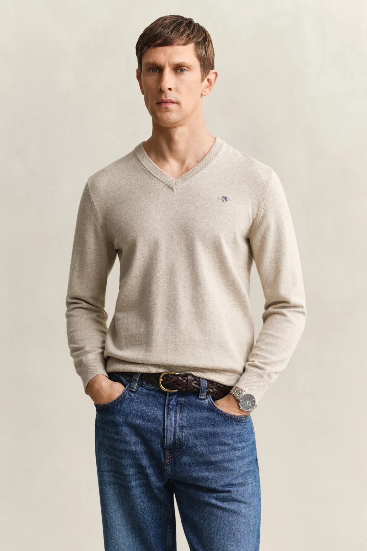 Gant miesten neulepusero Classic Cotton V-Neck, beige