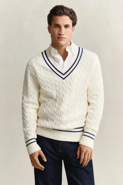 Gant miesten neulepusero Cotton Cable Cricket V-Neck, valkoinen