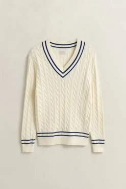 Gant miesten neulepusero Cotton Cable Cricket V-Neck, valkoinen