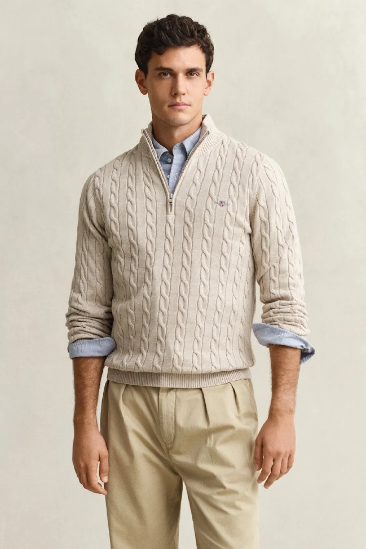 Gant miesten neulepusero Cotton Cable Half Zip, vaalea beige