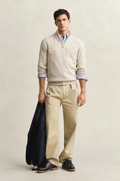 Gant miesten neulepusero Cotton Cable Half Zip, vaalea beige