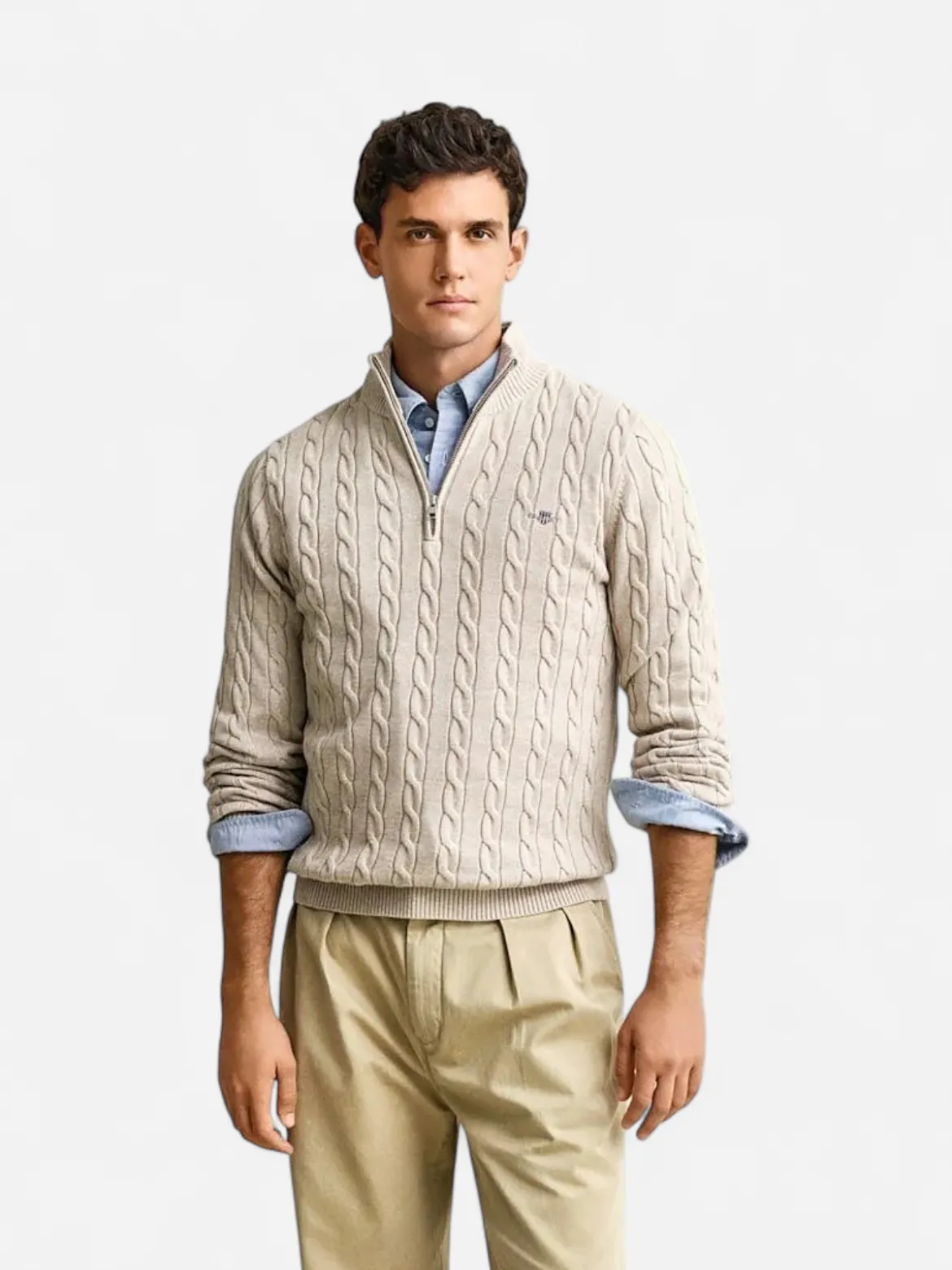 Gant miesten neulepusero Cotton Cable Half Zip, vaalea beige