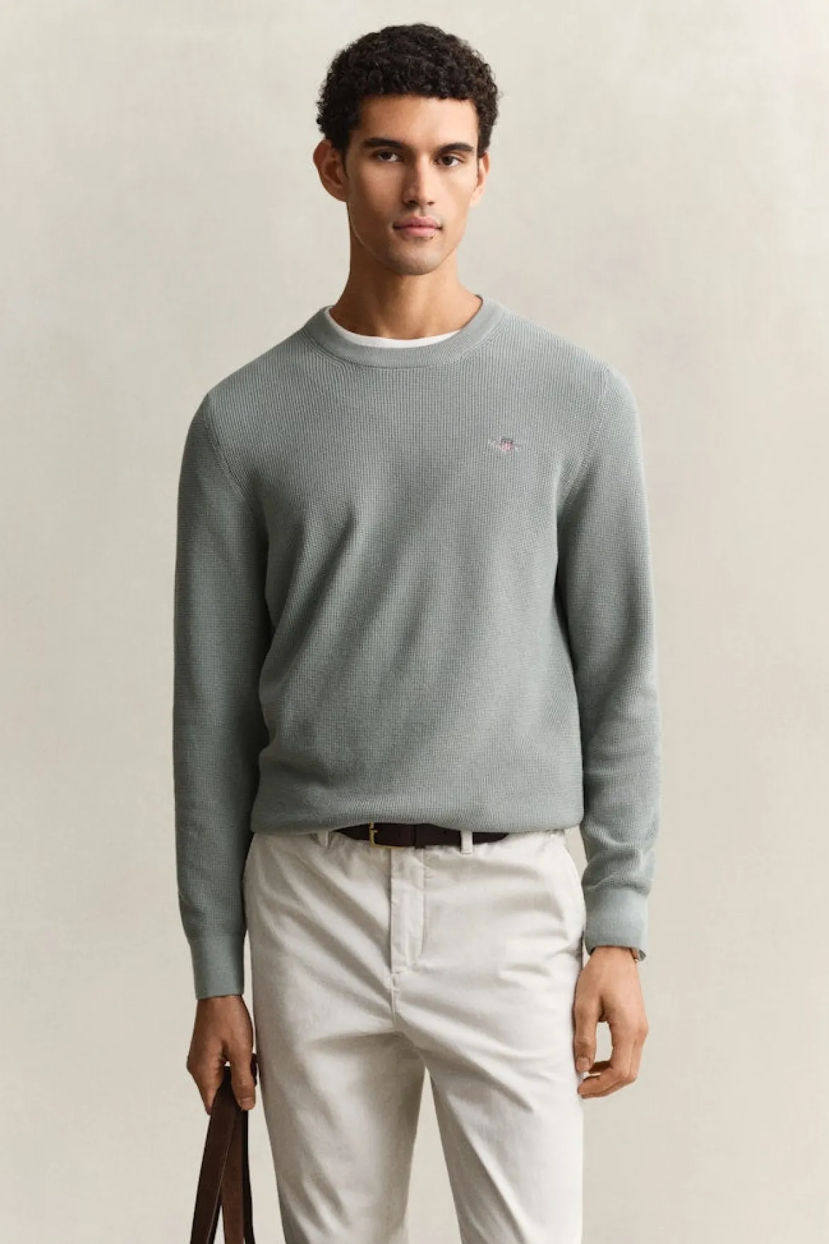 Gant miesten neulepusero Micro Textured Cotton C-Neck, vihreä