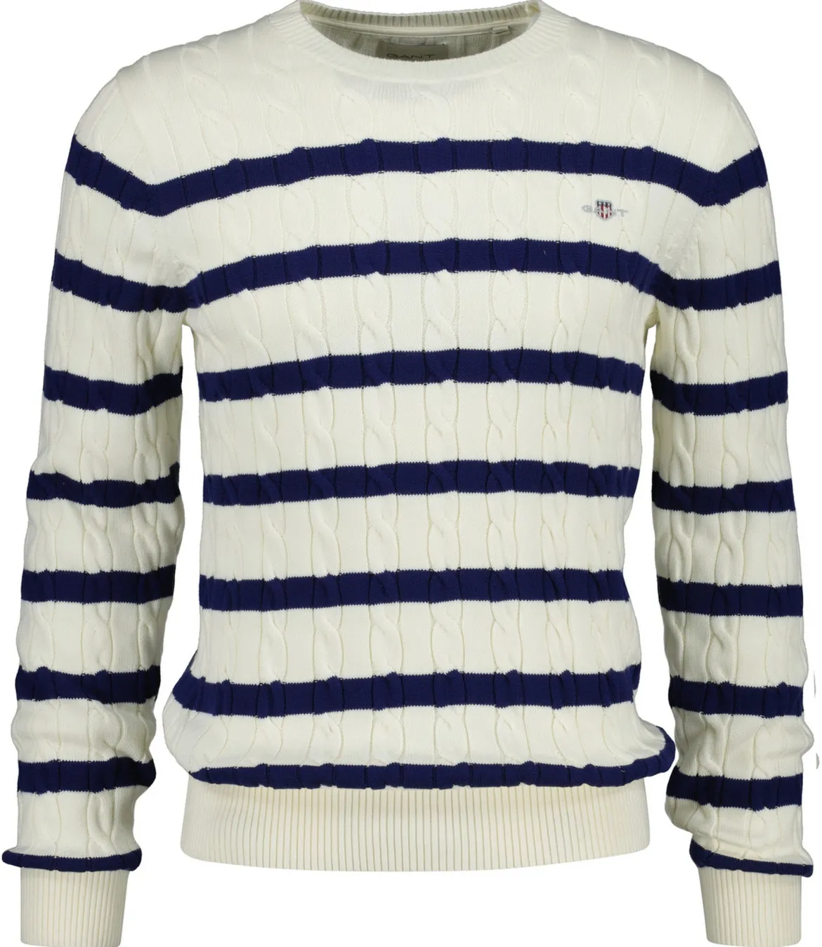 Gant miesten neulepusero Striped Cotton Cable C-Neck, luonnonvalkoinen