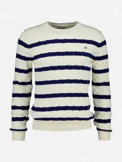 Gant miesten neulepusero Striped Cotton Cable C-Neck, luonnonvalkoinen