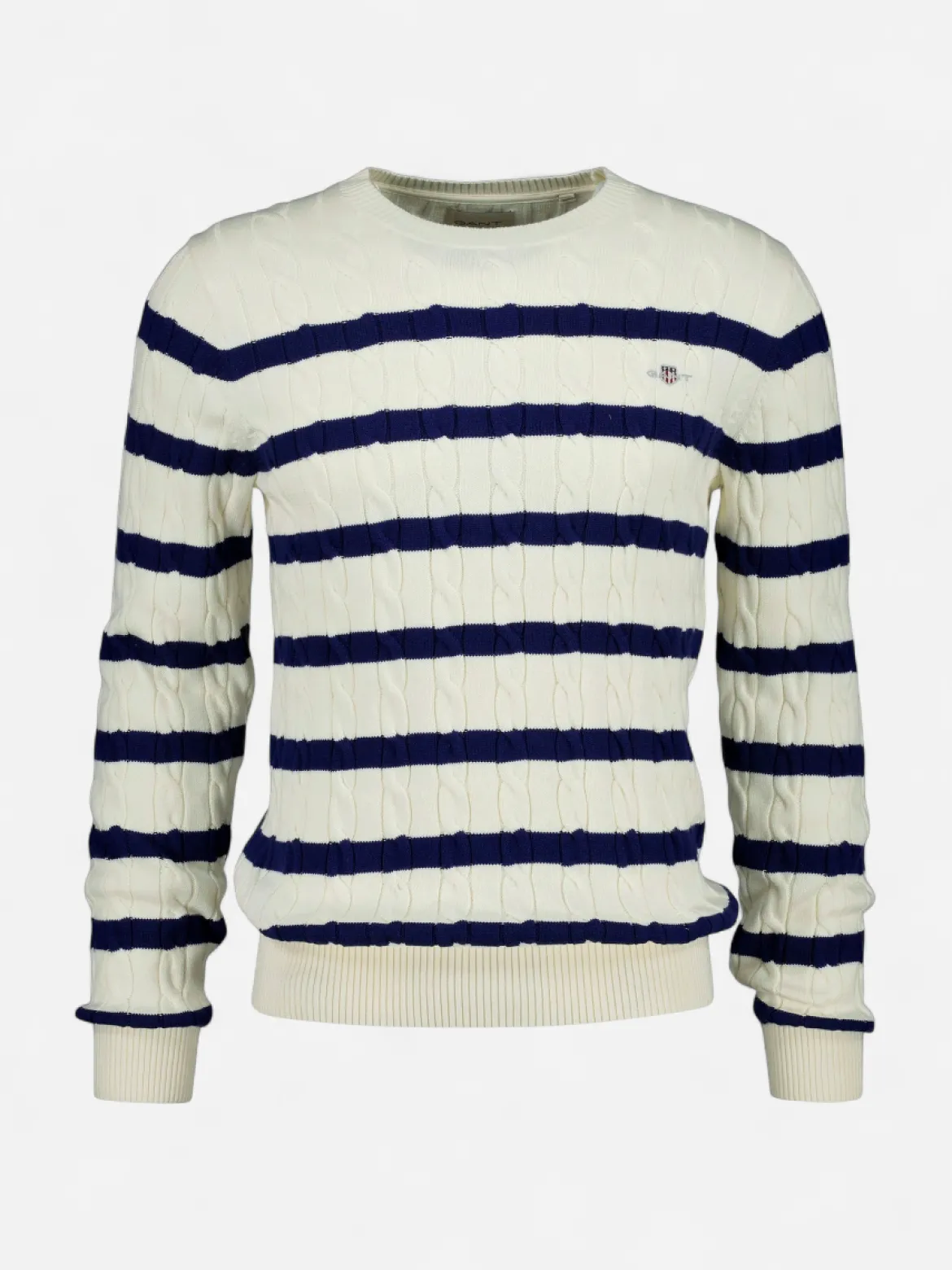 Gant miesten neulepusero Striped Cotton Cable C-Neck, luonnonvalkoinen