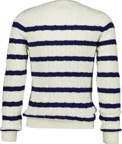 Gant miesten neulepusero Striped Cotton Cable C-Neck, luonnonvalkoinen