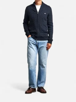 Gant miesten neuletakki, COTTON CABLE ZIPPED CARDIGAN Tummansininen