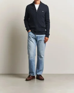 Gant miesten neuletakki, COTTON CABLE ZIPPED CARDIGAN Tummansininen