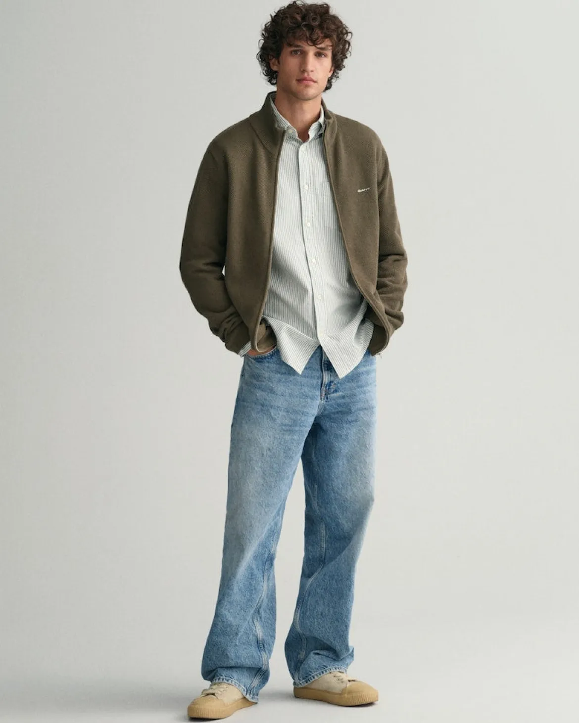 Gant miesten neuletakki K Cotton Pique Zip Cardigan, khaki