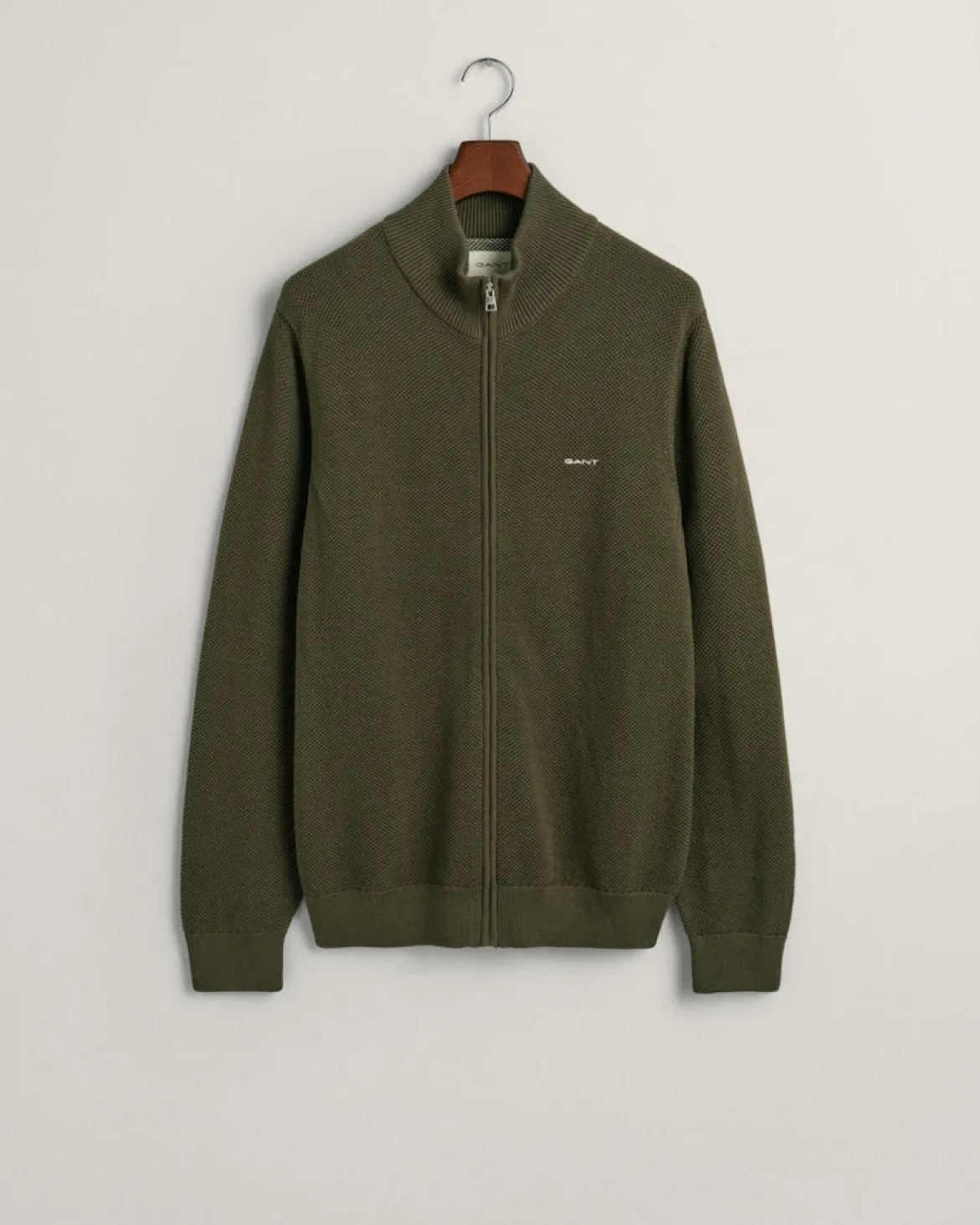 Gant miesten neuletakki K Cotton Pique Zip Cardigan, khaki