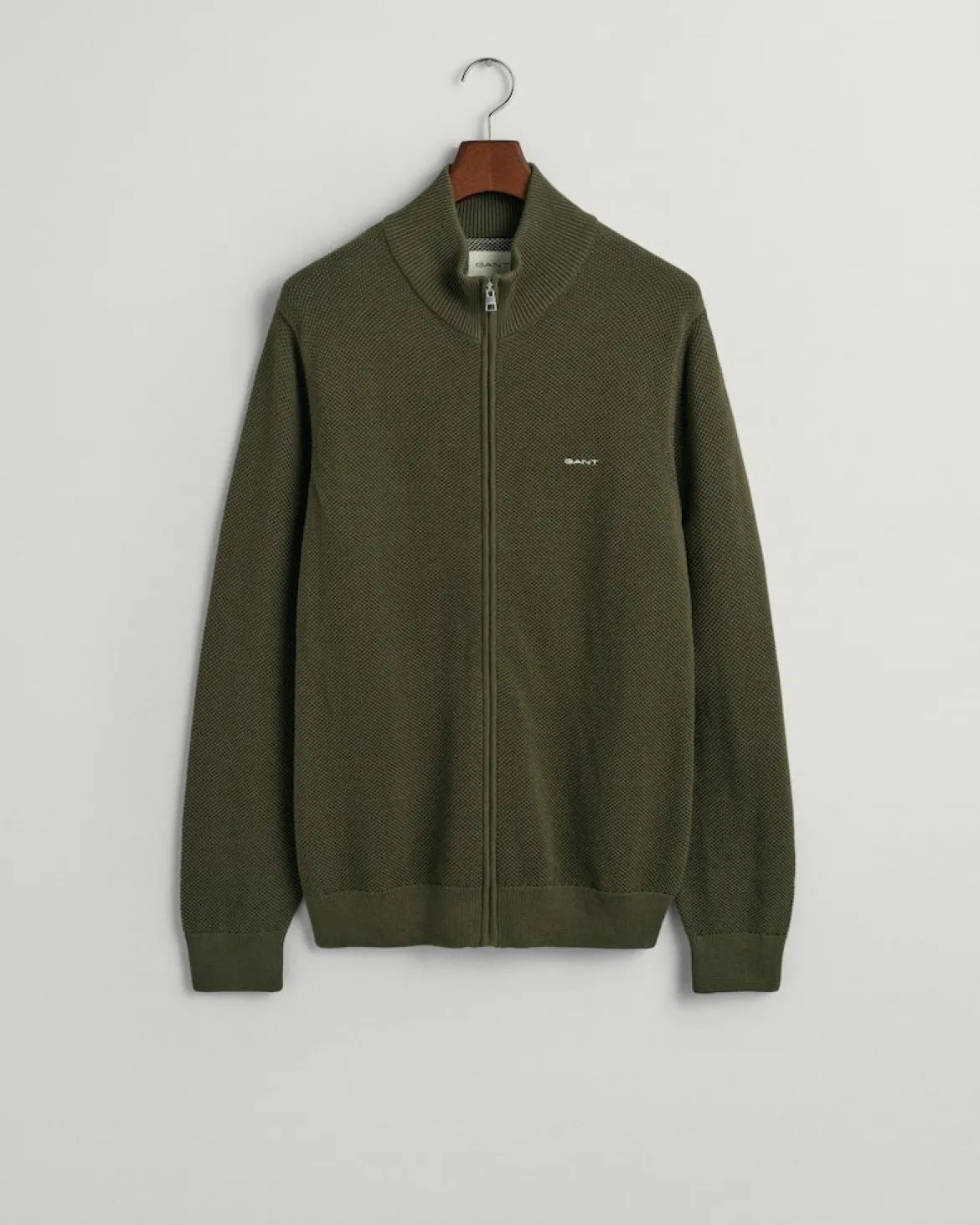 Gant miesten neuletakki K Cotton Pique Zip Cardigan, khaki