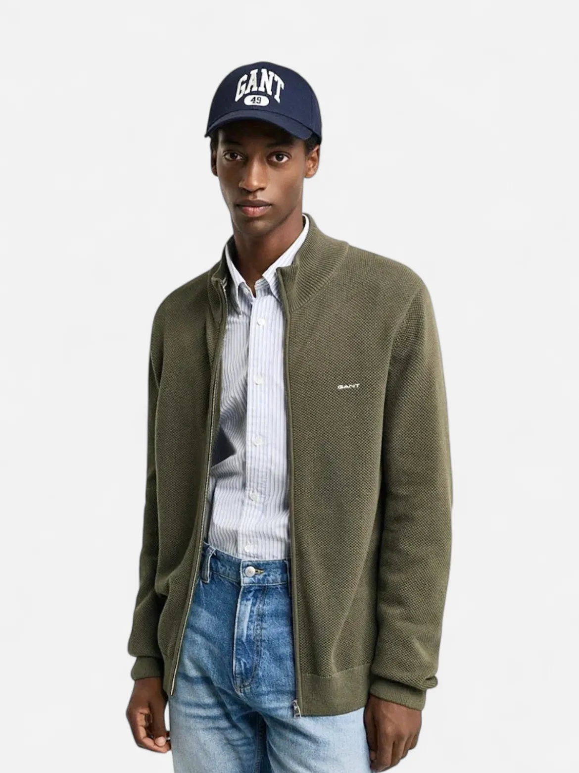 Gant miesten neuletakki K Cotton Pique Zip Cardigan, khaki