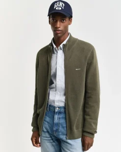 Gant miesten neuletakki K Cotton Pique Zip Cardigan, khaki