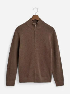 Gant miesten neuletakki K Cotton Pique Zip Cardigan, tummanruskea