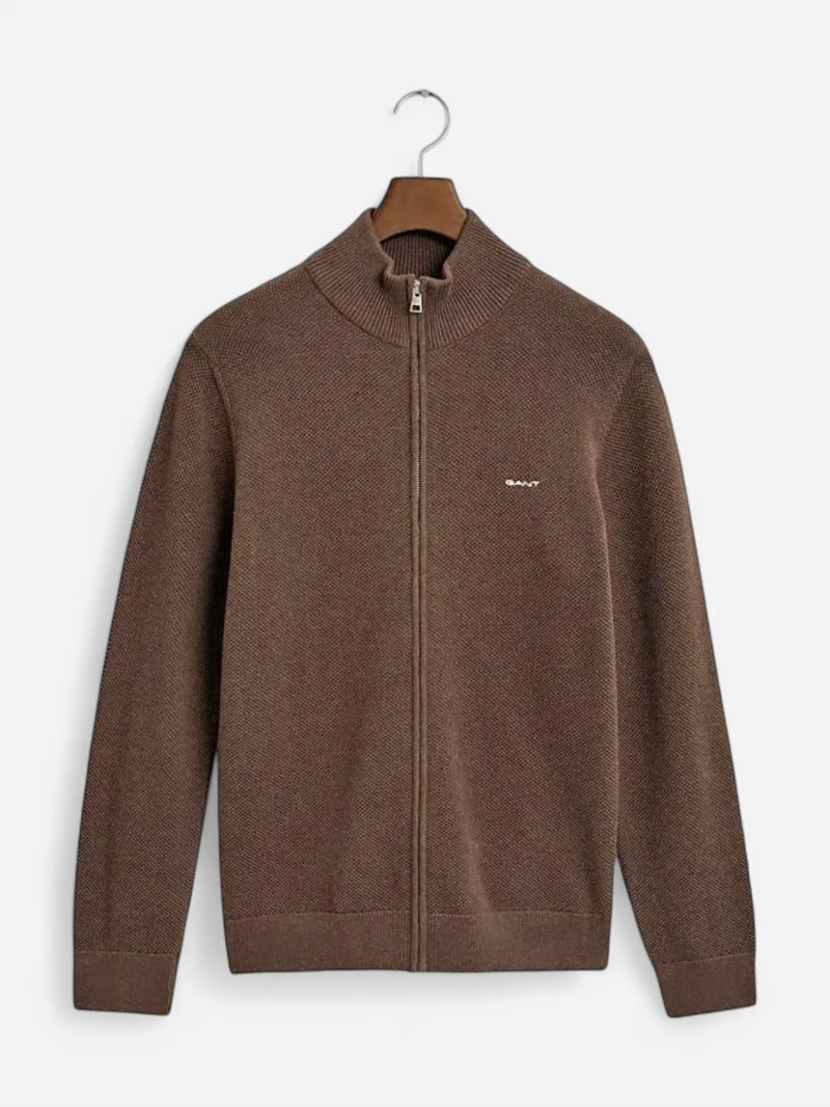Gant miesten neuletakki K Cotton Pique Zip Cardigan, tummanruskea