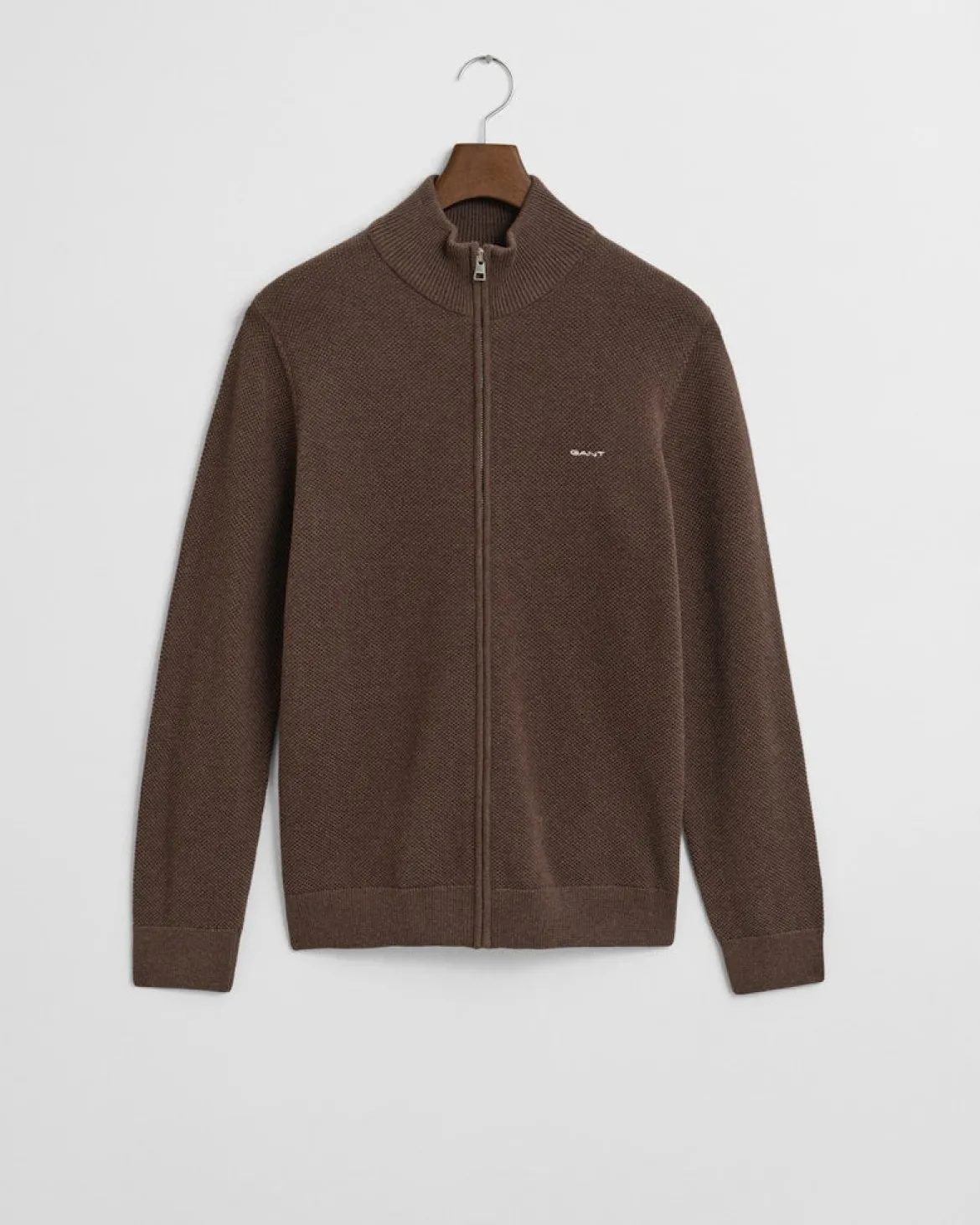 Gant miesten neuletakki K Cotton Pique Zip Cardigan, tummanruskea