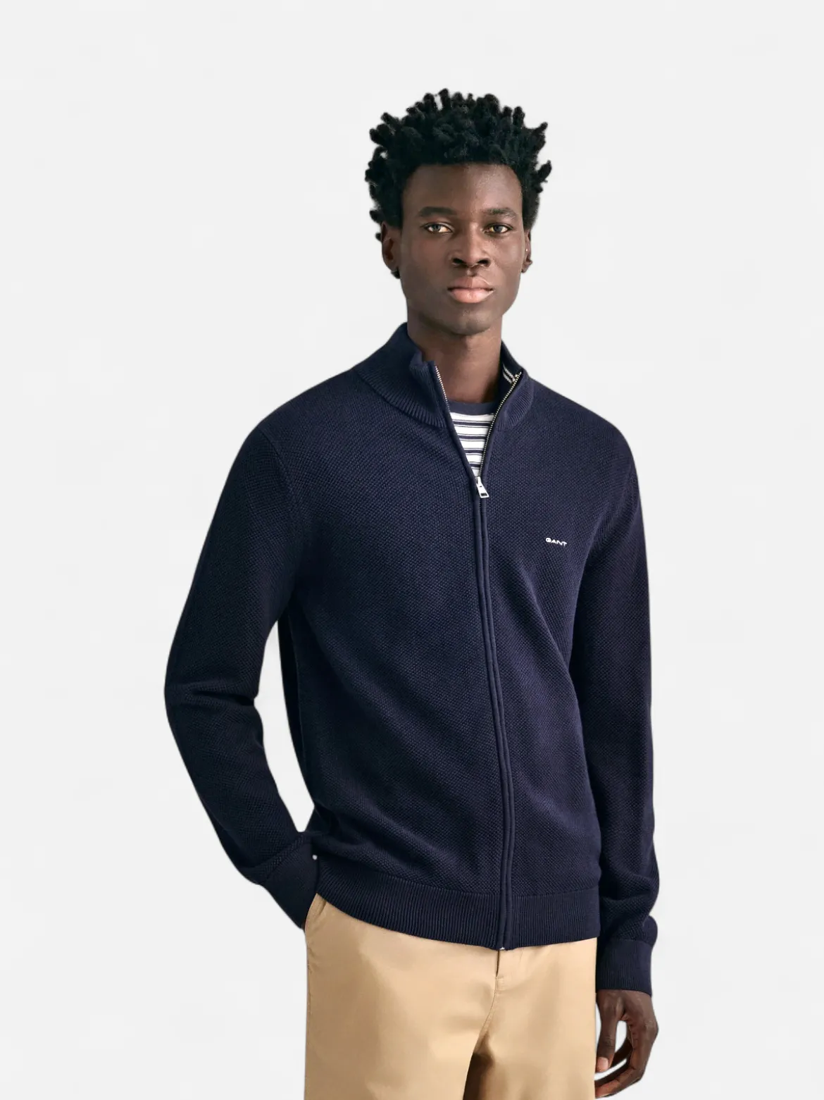Gant miesten neuletakki K Cotton Pique Zip Cardigan, Tummansininen