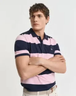 Gant miesten Pikeepaita Block Striped Piqué Polo Shirt, raidallinen pinkki