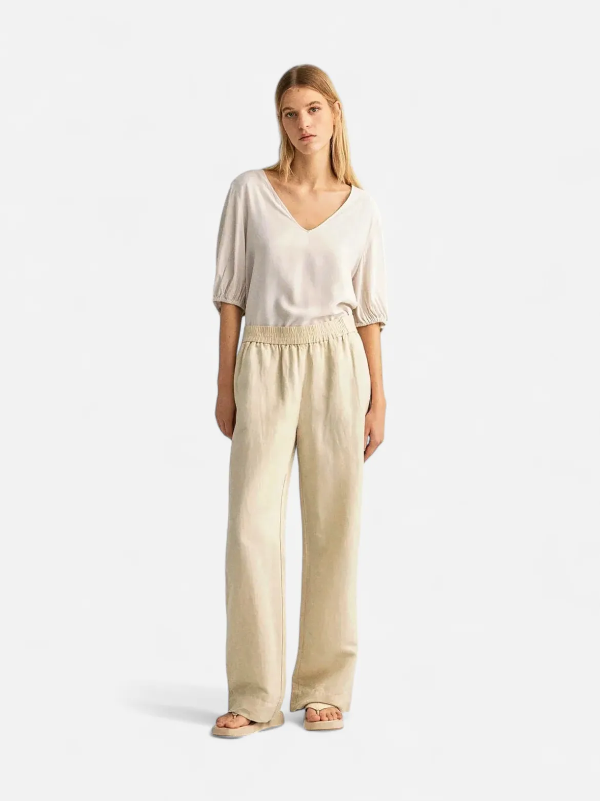 Gant naisten housut Linen Viscose Pull-On Pants, vaalea beige