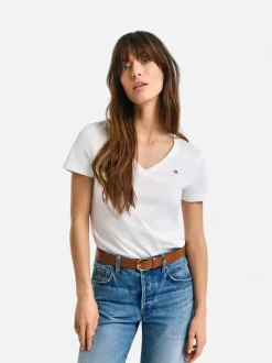 Gant naisten t-paita, REG SHIELD SS V-NECK T-SHIRT Valkoinen