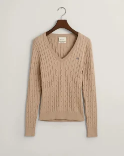 Gant neule, STRETCH COTTON CABLE V-NECK Vaalea Beige