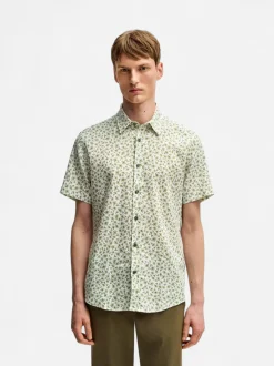 Hugo Boss miesten lyhythihainen kauluspaita,ROAN STRECH COTTON LINEN Vihreä Kuosi